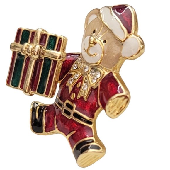 Red Green Enamel Clear Rhinestone Christmas Bear With Gift Trembler Brooch, K826 - Picture 4 of 10